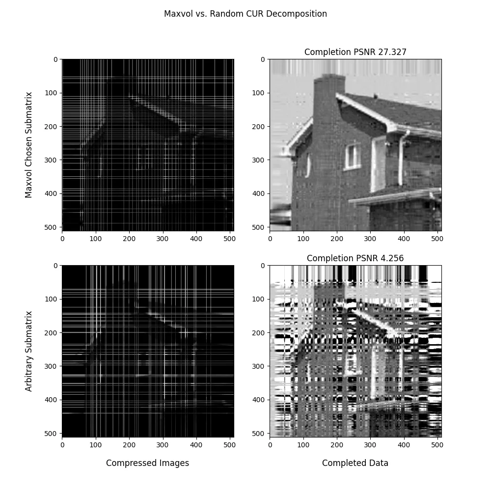 House reconstructed via CUR decomposition, comparing maxvol and arbitrary submatrix selection
